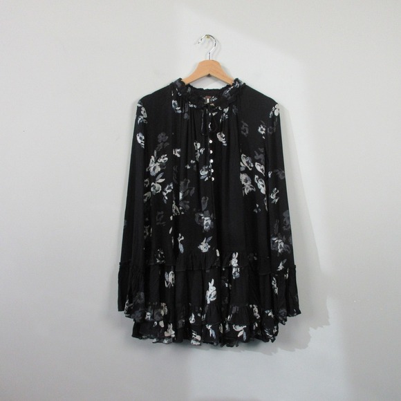 Free People Clover Field Ruffle Long Sleeve Mini Dress S Black Floral Boho 432 - Picture 1 of 8